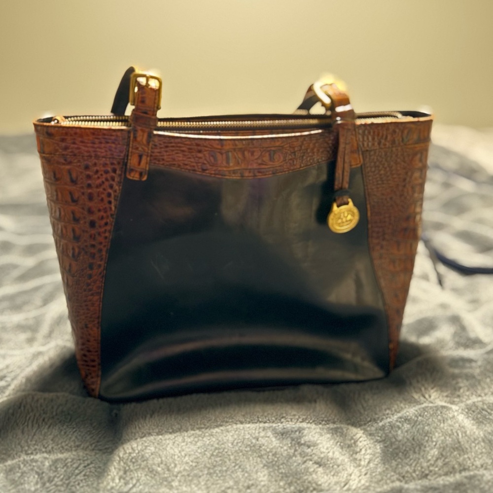 Brahmin Black and Brown Croc-Embossed Purse